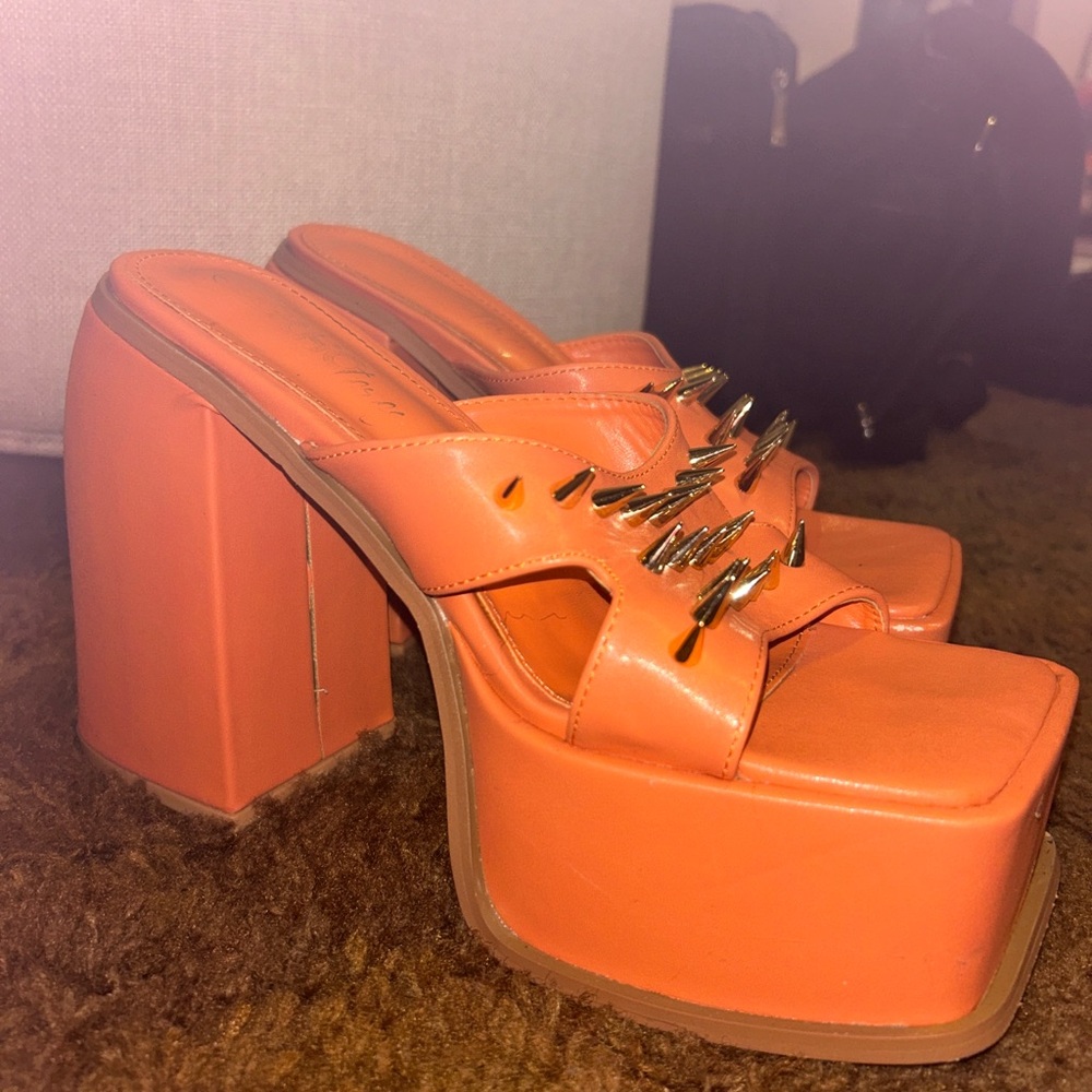 Orange and tan chunky platform sandals